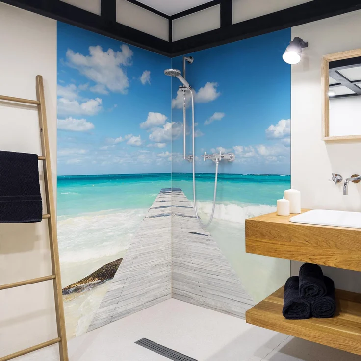 Apalis Home Duschrückwand Strand selbstklebend, 3D-Effekt Steg blau, wasserfest fugenlos, Premium matt, 80x190 cm