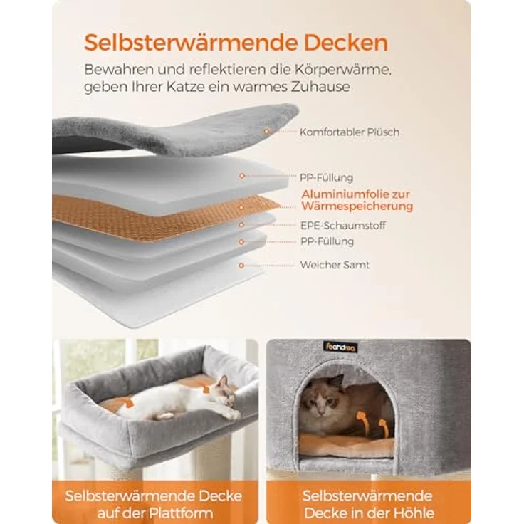 Feandrea Kratzbaum mit selbstwärmenden Decken, für große Katze, Katzenbaum mit 2 Katzenbürsten, 11,1 cm dicke Stämme, große Plattformen, Höhle, 50 x 50 x 160 cm, Taubengrau-cremeweiß PCT003N01 – Bild 5