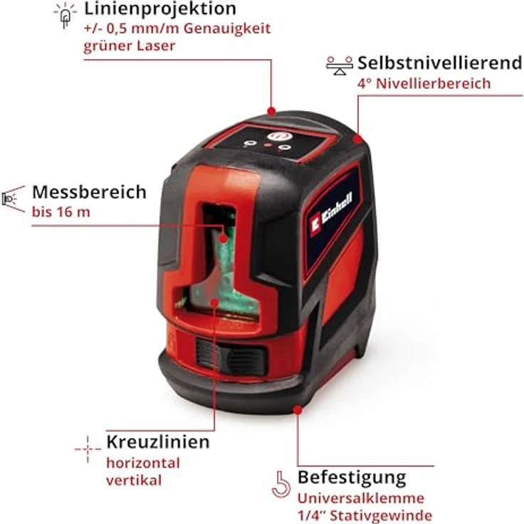 Einhell Kreuzlinienlaser TC-LL 2 G, (Sologerät, Benötigt 2x 1,5 Volt AA-Batterien (nicht im Lieferumfang enthalten), Selbstnivellierung,1/4 Zoll Stativgewinde – Bild 2