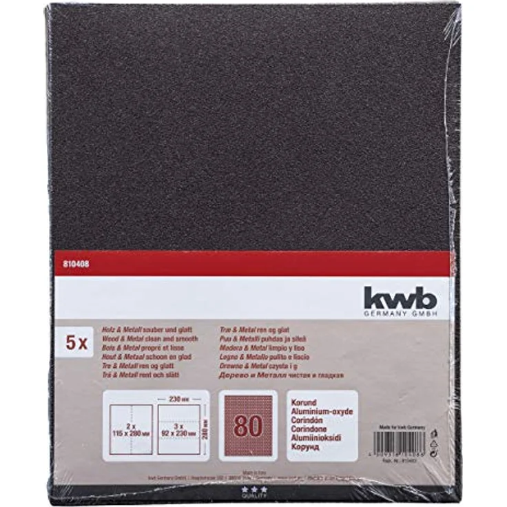 kwb 810408 Schleif-Papier Schleif-Bogen Korund für Holz, Metal, Farbe, Lack und Spachtel, 230 x 280 mm, verschweißt 5 Stk. Korn K-80, Made in Europe – Bild 2
