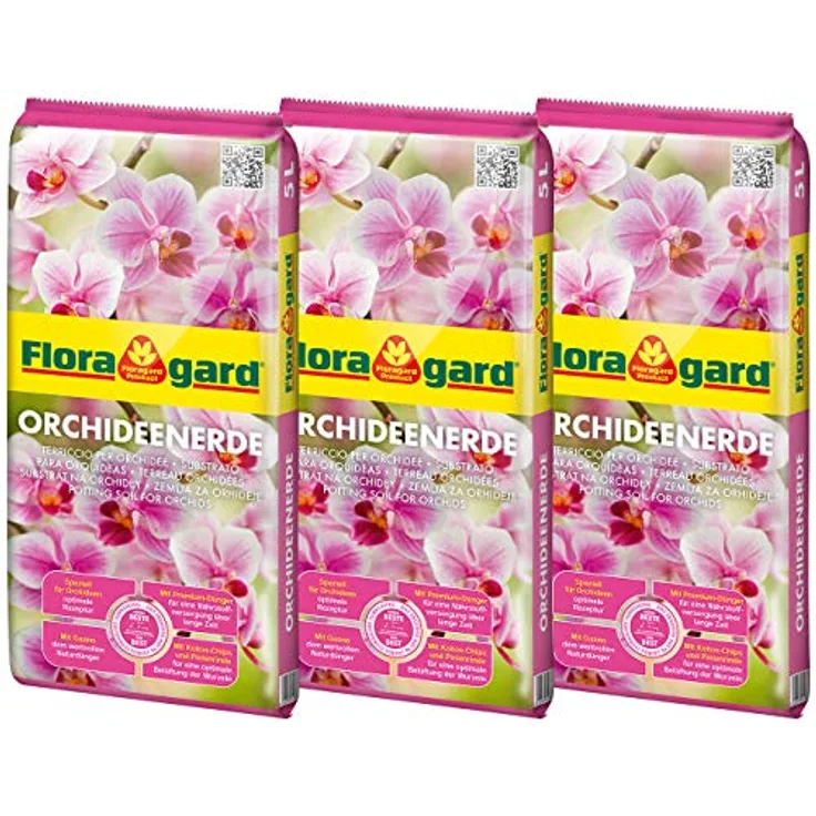 Floragard Orchideenerde 3x5L - für Phalaenopsis und andere Orchideenarten - mit Premium-Dünger und Pinienrinde