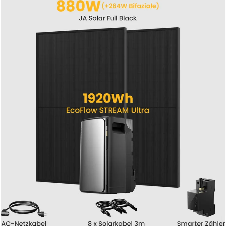 EcoFlow STREAM Ultra, Balkonkraftwerk mit 3840Wh Speicher, 1760W JaSolar Solarmodule, IP65, KI-gestütztes Energiemanagement