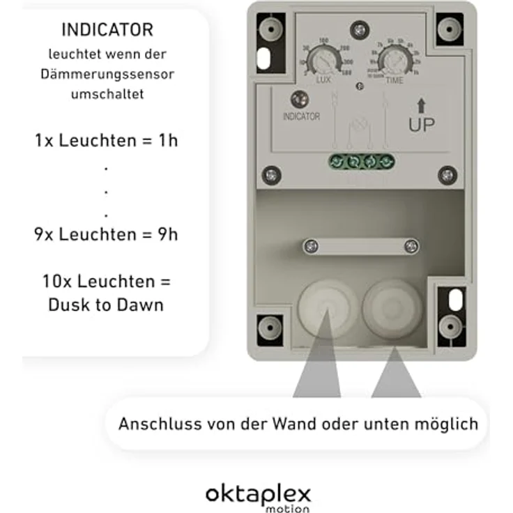 Oktaplex motion Bela Dämmerungsschalter, automatischer Dämmerungssensor mit Timer, IP65 wetterfest, 230V, grau weiß – Bild 4