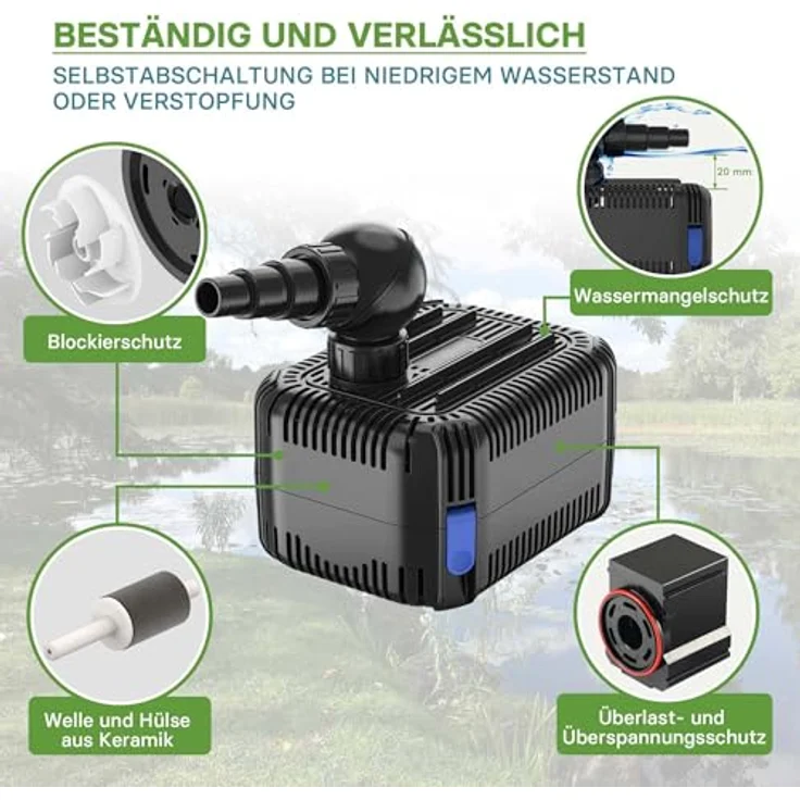 SunSun CDF-3800 Teichpumpe 24V DC, 3600 l/h, 20 W, mit Blockier- und Trockenlaufschutz, Gartenteichpumpe, Gleichstrompumpe – Bild 7