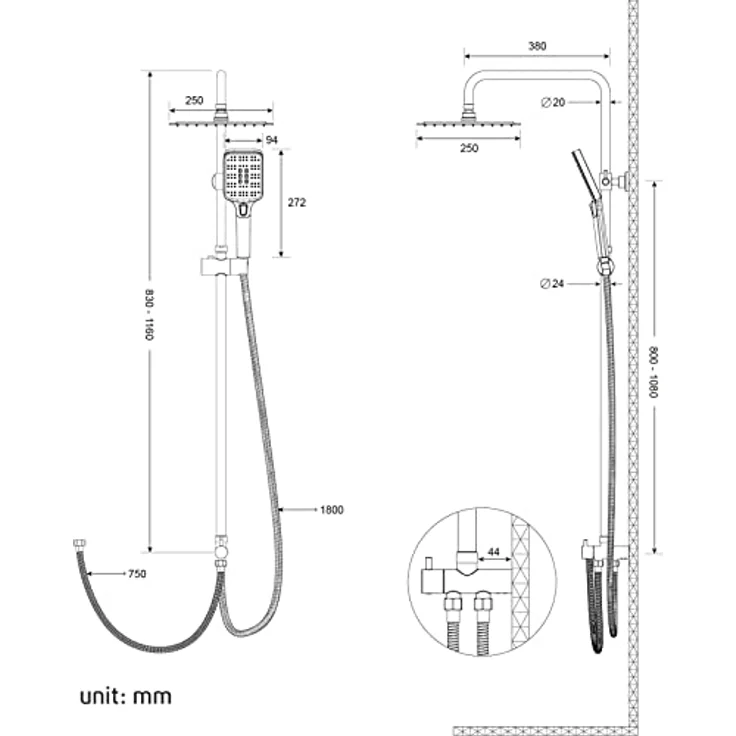 Rainsworth Duschsystem Ohne Thermostat, 3 Strahlart(en), Duschgarnitur mit Umsteller, 3 Strahlarten Handbrause, Chrom – Bild 6