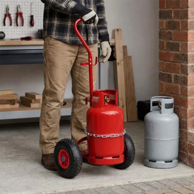 relaxdays Sackkarre Transportwagen für Gasflaschen, rot – Stabiler Gasflaschenhalter mit Sicherungskette und Halterung für Brennstab, Traglast 15 kg – Bild 2