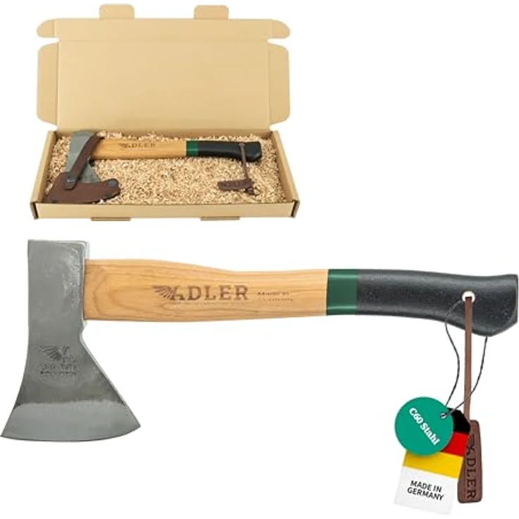 Adler Rheinlandbeil inkl. Lederschutz: Geschmiedetes Holzbeil aus C60-Stahl, Anti-Rutsch Outdoor-Beil, Grün/schwarz, 600 g – Bild 1