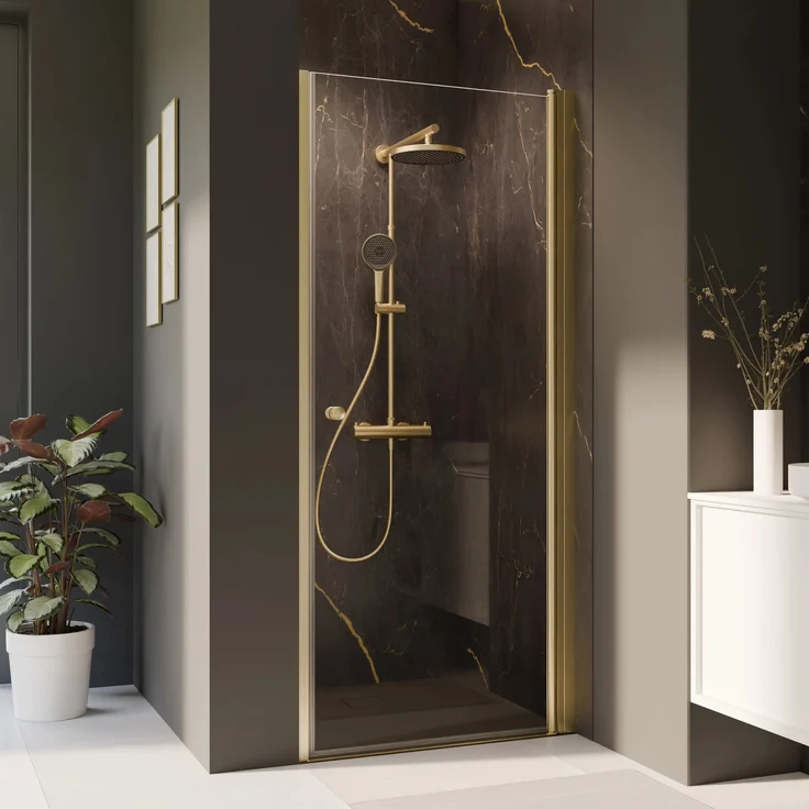Breuer Drehtür Elana 2.0, Klarglas für Nische 200 cm x 80 cm, Gold, Anschlag rechts, 6 mm Sicherheitsglas, integrierter Hebe-Senk-Mechanismus