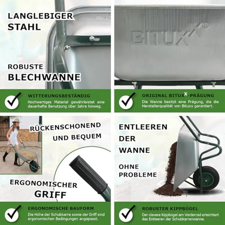 BITUXX® Schubkarre 100L, verzinkt mit Luftreifen und nadelgelagerter Achse, max. Zuladung 250kg – Bild 2