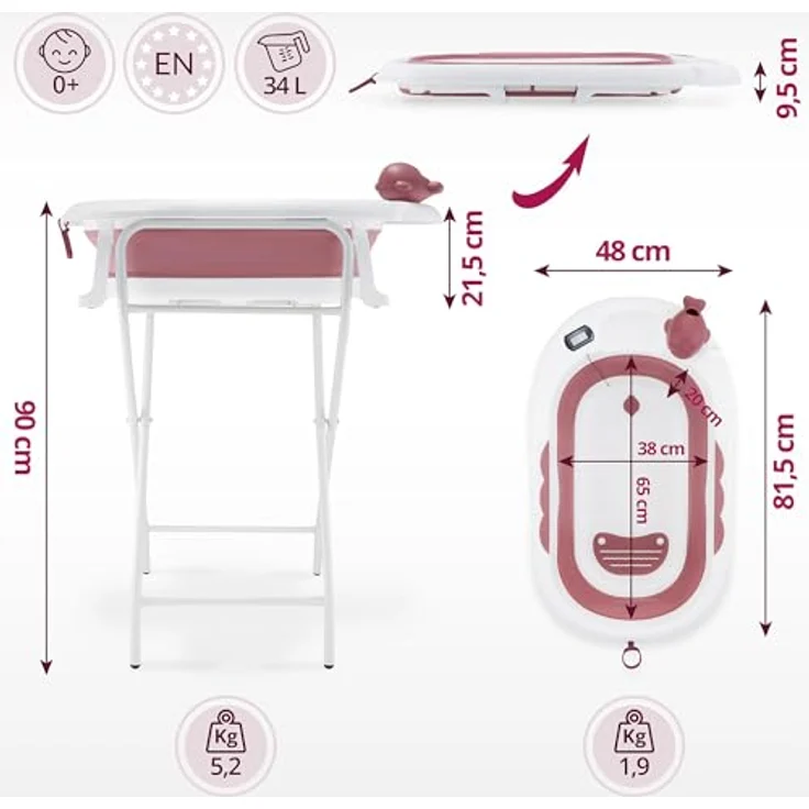 Moby-System Faltbare Babybadewanne mit LCD-Thermometer, ergonomischem Standfuß und Halterung - Altrosa – Bild 12