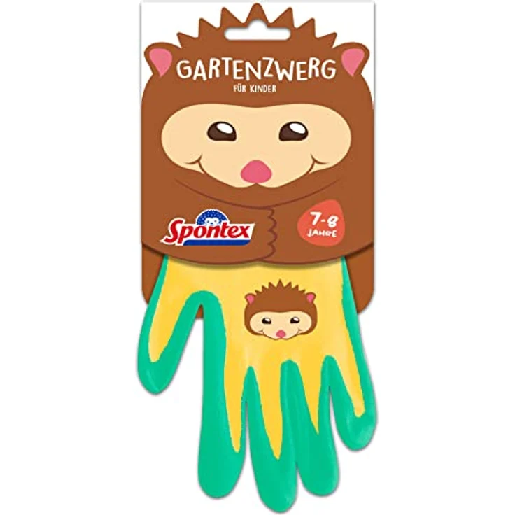 Spontex Gartenzwerg Handschuhe, Gartenhandschuhe für Kinder, ideal für das Spielen und Arbeiten im Garten, mit Nitrilbeschichtung, Igelmotiv, 1 Paar, 7-8 Jahre – Bild 2