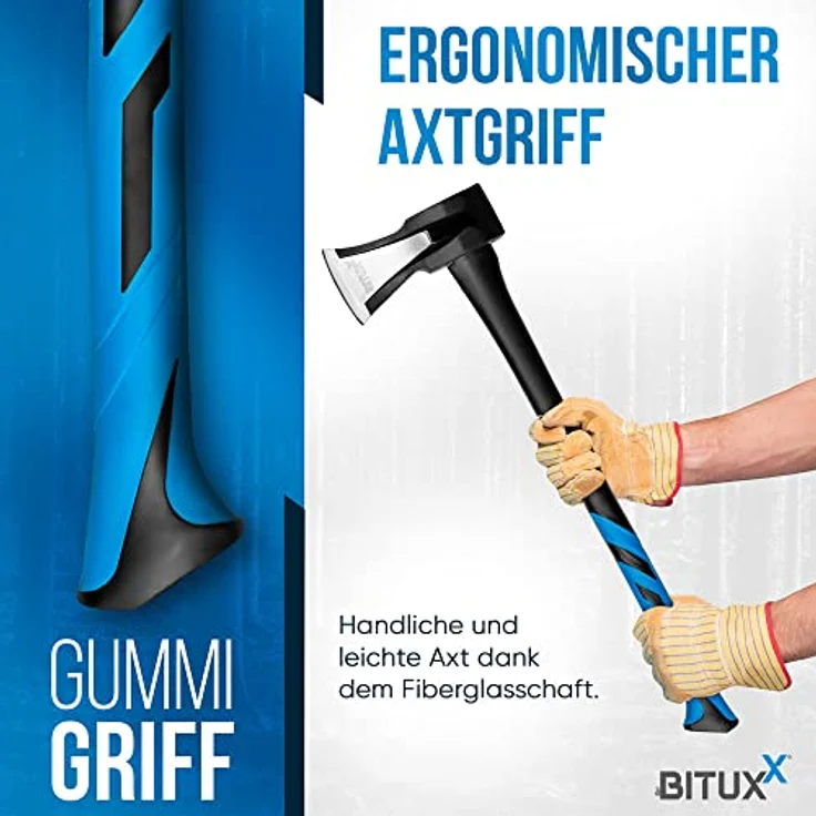BITUXX Spaltaxt Spaltbeil Fiberglas Set, 600g mit griffsicherem Gummihandgriff und Kohlenstoffstahlkopf für Garten und Wald – Bild 3