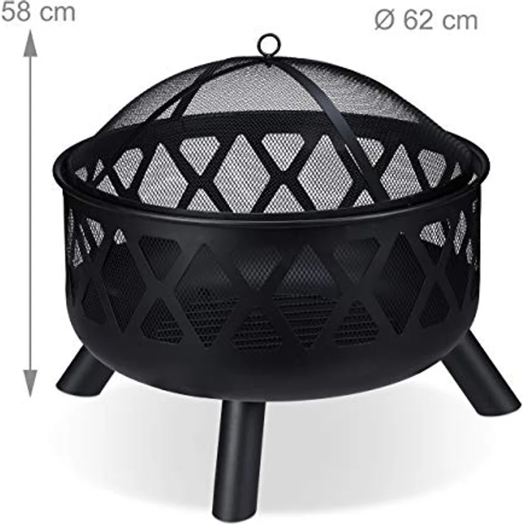 Relaxdays Feuerschale mit Funkenschutz, Ø 62 cm, mit Schürhaken, Garten, Terrasse, Outdoor Feuerstelle, Stahl, schwarz – Bild 4
