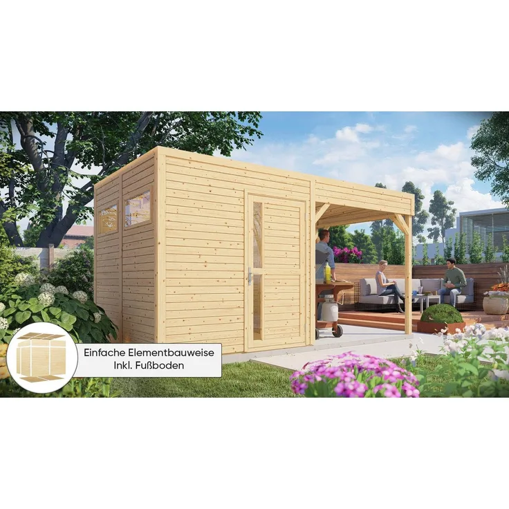 KONIFERA Gartenhaus Cubus 2 Lounge, modern kubisches Design, BxT: 449x240 cm, mit Anbaudach und feuchtebeständigen Bodenelementen