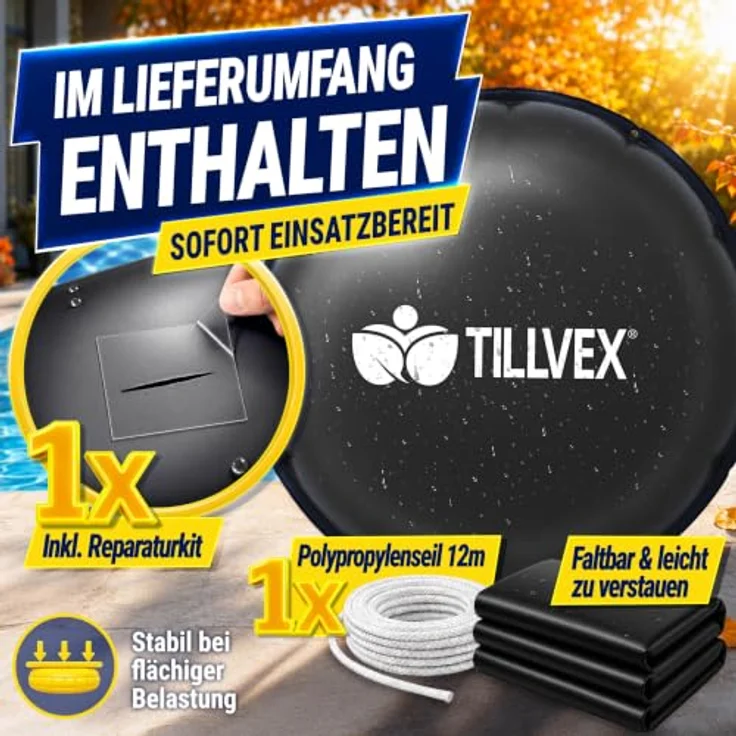 tillvex® Poolkissen Winter XXL Ø 4 m, frost- & chlorbeständig bis -20°C, mit 12m Seil & Reparaturkit, inkl. Schraubventil für Poolabdeckung – Bild 8