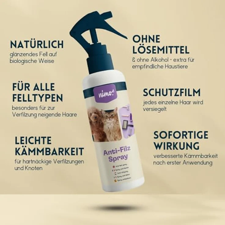 nimo Fellpflege Anti-Filz Spray, 250 ml, biologische Lösung gegen Verfilzung für verbesserte Kämmbarkeit – Bild 3