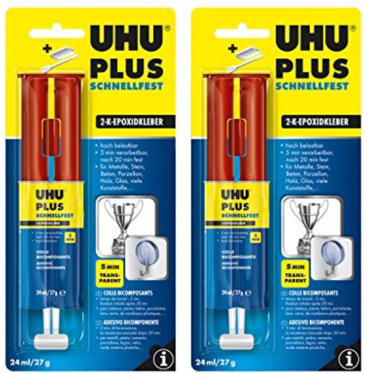 POWERHAUS24 UHU PLUS schnellfest Doppelkammer-Spritze, hochfester Klebstoff, transparent, 2 x 27g