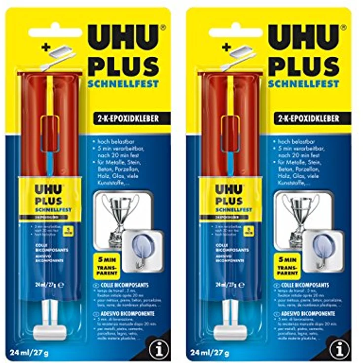 POWERHAUS24 UHU PLUS schnellfest Doppelkammer-Spritze, hochfester Klebstoff, transparent, 2 x 27g