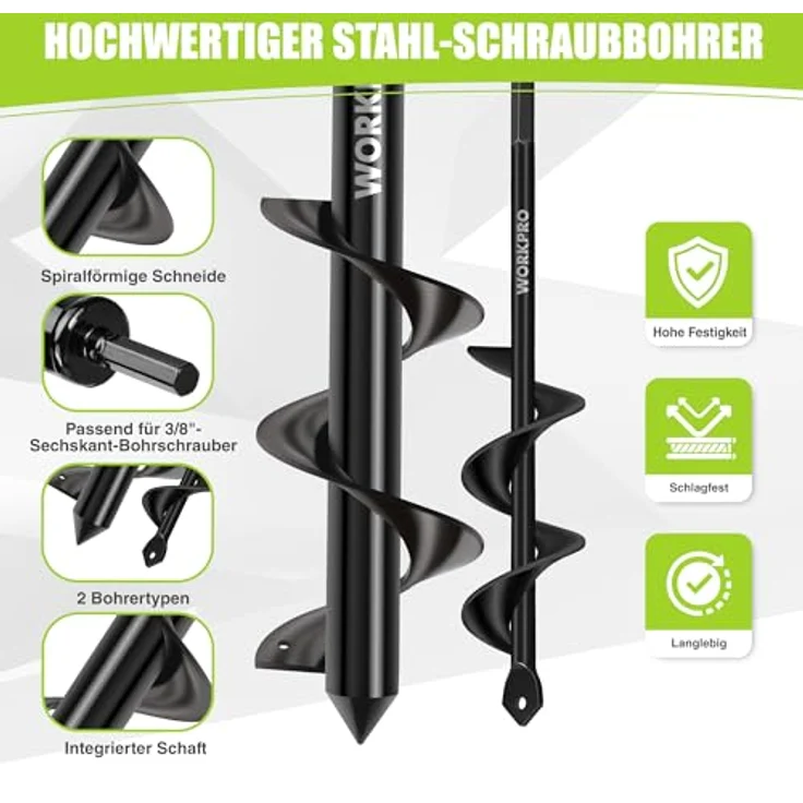 WORKPRO Gartenbohrer Set, Spiralbohrer aus Manganstahl, 2 Größen (8 x 30 cm & 4 x 22 cm) für Bohrmaschine, schnurloses Grabungswerkzeug – Bild 4