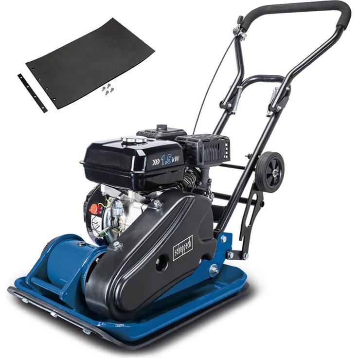 Scheppach Benzin Rüttelplatte HP1400S Verdichter Rüttler Vibrationsplatte, 2 PS Leistung, 13 kN Verdichtungsdruck, 25cm Verdichtungstiefe, Komplettset inkl. Gummimatte und Fahrvorrichtung – Bild 1