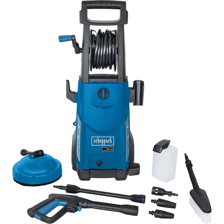 Scheppach Hochdruckreiniger HCE2200 mit 8-TLG. Zubehör | 10m Schlauchrolle | 165bar | 230V 2200W | max. Fördermenge: 468 l/h | langlebige Aluminium Pumpe | Ansaugfunktion & Reinigungsmitteltank 