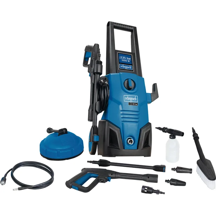 Scheppach Hochdruckreiniger HCE1650 Hochdruckpistole Selbstansaugfunktion 1600W Leistung 135 Bar Arbeitsdruck Fördermenge 408 5m Hochdruckschlauch 9-teiliges Zubehör