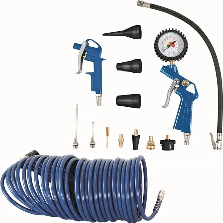 Scheppach Kompressor Zubehörset | Reifenfüllmessgerät mit Manometer - Blaspistole - 10m Schlauch mit Schnellkupplung | 14 Teile Druckluft Kompressor Zubehör – Bild 1