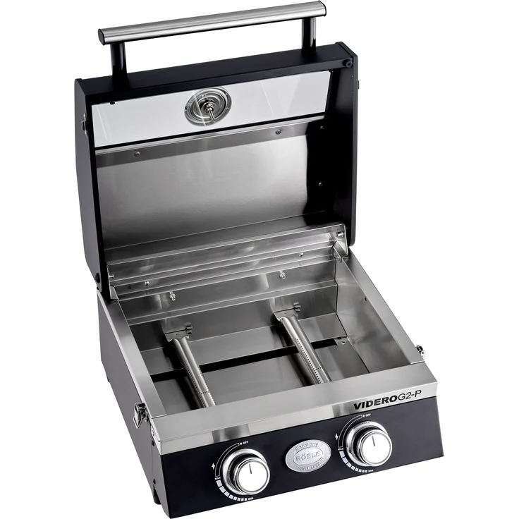 RÖSLE Gasgrill BBQ-Portable VIDERO G2-P, tragbarer Tischgrill mit 2 Edelstahlbrennern, Warmhalterost und Deckel mit Glaseinsatz sowie Deckelthermometer, pulverbeschichteter Stahl, 50 mbar – Bild 3