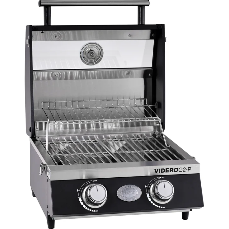 RÖSLE Gasgrill BBQ-Portable VIDERO G2-P, tragbarer Tischgrill mit 2 Edelstahlbrennern, Warmhalterost und Deckel mit Glaseinsatz sowie Deckelthermometer, pulverbeschichteter Stahl, 50 mbar – Bild 2