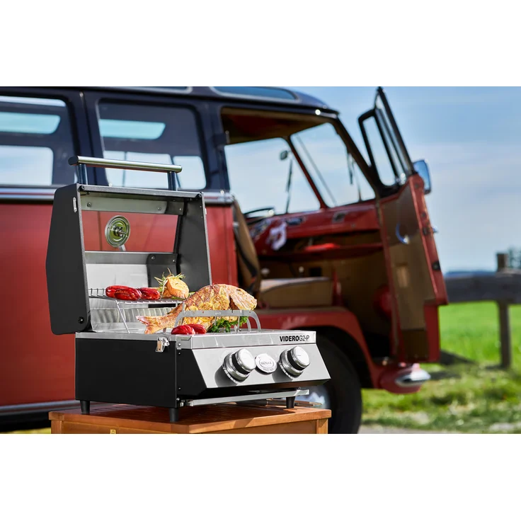 RÖSLE Gasgrill BBQ-Portable VIDERO G2-P, tragbarer Tischgrill mit 2 Edelstahlbrennern, Warmhalterost und Deckel mit Glaseinsatz sowie Deckelthermometer, pulverbeschichteter Stahl, 50 mbar – Bild 7