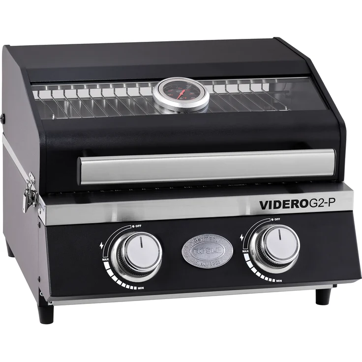 RÖSLE Gasgrill BBQ-Portable VIDERO G2-P, tragbarer Tischgrill mit 2 Edelstahlbrennern, Warmhalterost und Deckel mit Glaseinsatz sowie Deckelthermometer, pulverbeschichteter Stahl, 50 mbar – Bild 1