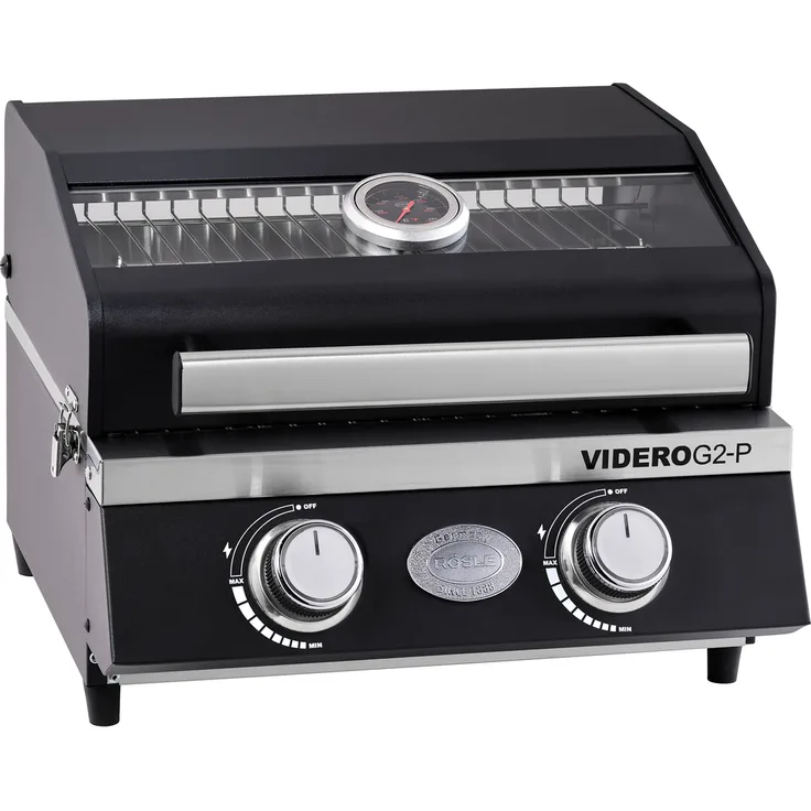 RÖSLE Gasgrill BBQ-Portable VIDERO G2-P, tragbarer Tischgrill mit 2 Edelstahlbrennern, Warmhalterost und Deckel mit Glaseinsatz sowie Deckelthermometer, pulverbeschichteter Stahl, 50 mbar