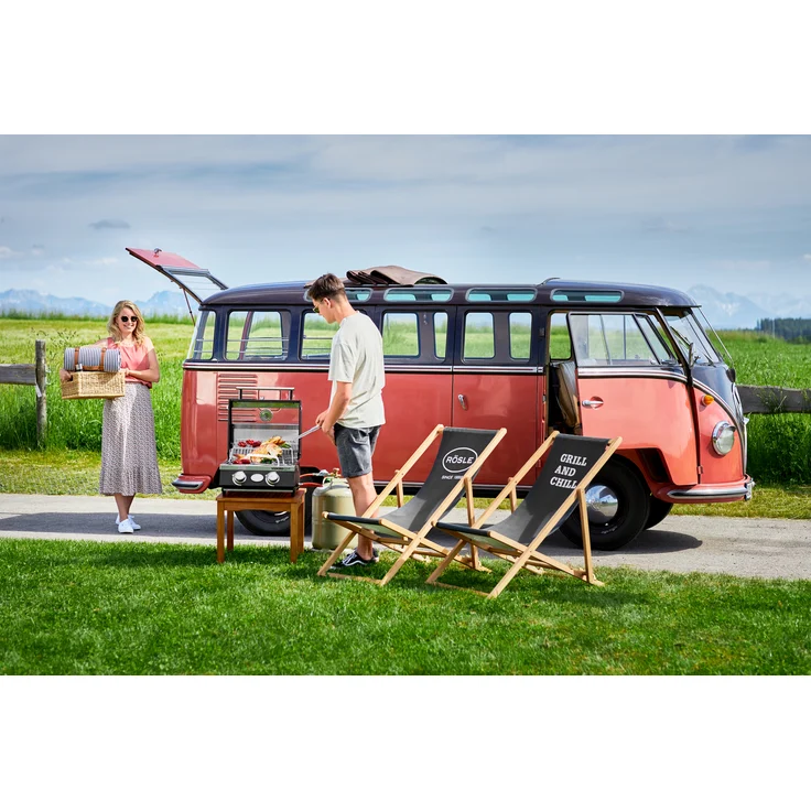 RÖSLE Gasgrill BBQ-Portable VIDERO G2-P, tragbarer Tischgrill mit 2 Edelstahlbrennern, Warmhalterost und Deckel mit Glaseinsatz sowie Deckelthermometer, pulverbeschichteter Stahl, 50 mbar – Bild 5