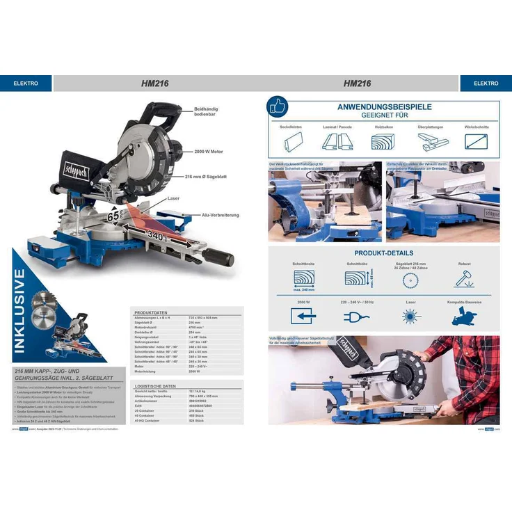 Scheppach HM216 Kappzugsäge Kappsäge Gehrungssäge 2000 W, Ø 216 mm Sägeblatt, 34 cm Schnittbreite mit Schnittkanten-Laser und LED, Drehtisch mit Schnellarretierung, inkl. 2 Hartmetall-Sägeblättern – Bild 5