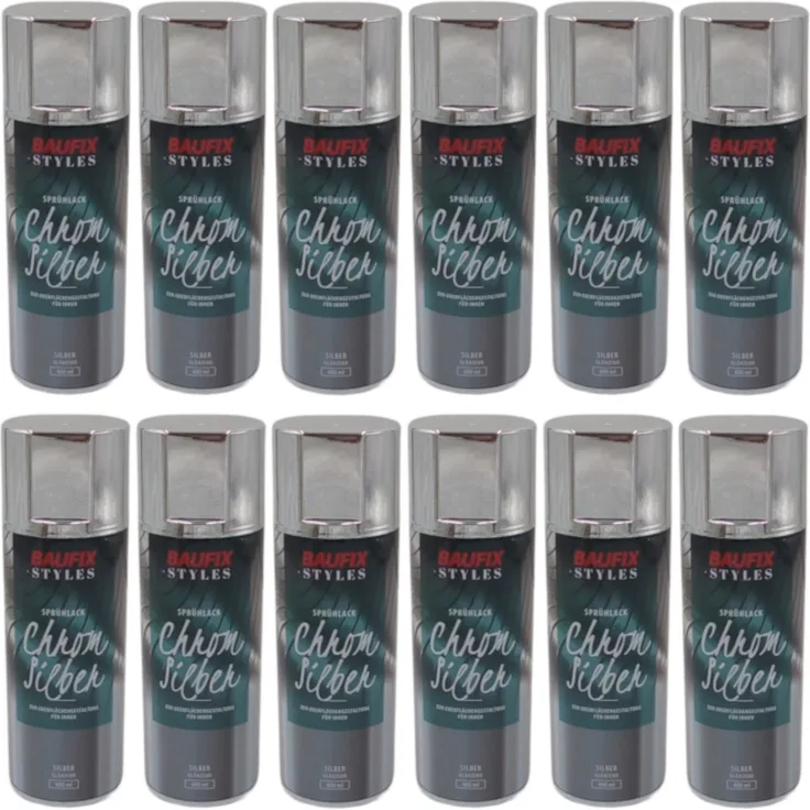 12x Baufix Chrom Silber Effektlack Lackspray 400ml Farbspray Sprühdose Spraydose