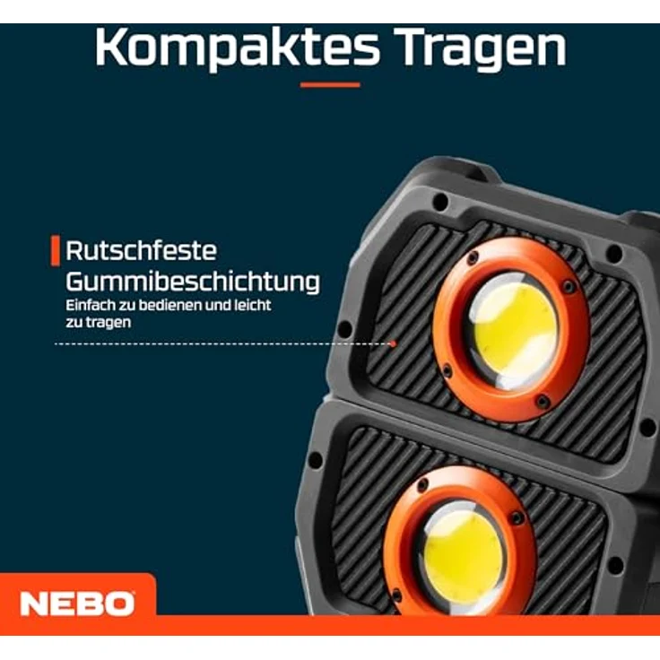 NEBO Omni 3K, Arbeitsleuchte für Handwerker mit doppeltem COB-Ausgang, stoßfest und wasserfest, tragbare, aufladbare USB-C Taschenlampe mit drehbarem magnetischem Handgriff und Dimmer-Funktion – Bild 4