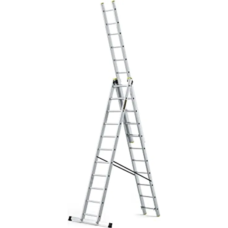 DRABEST Leiter PRO Serie Alu Vielzweckleiter 3X11 Stufen Schiebeleitern 3-teilig Stehleiter Kombileter Arbeitshöhe 7 m Belastbarkeit 150 kg Eimerhaken