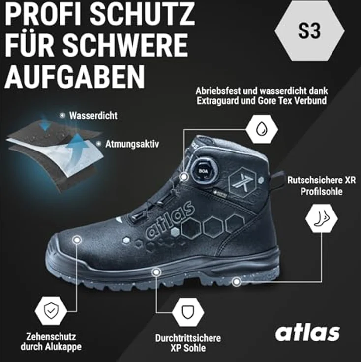 ATLAS Sicherheitsstiefel XT 550 BOA GTX S3 SRC Gr. 44 W.10, knöchelhoch, metallfreie Durchtritthemmung, Gore-Tex, schwarz/anthrazit – Bild 2