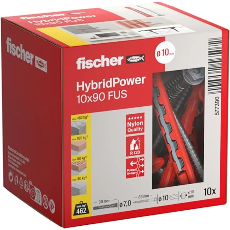 fischer HybridPower 10 x 90 FUS, Hochbelastbarer Dübel für Mauerwerk und Beton, Einfache Montage ohne Setzwerkzeug, Brandsicher