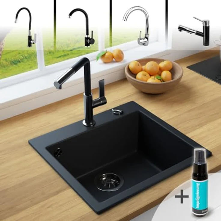 Lindbergh Spülen Rein Schwarz LINDBERGH® Antibakterielle Granit Spüle "COL44" + Siphon Einbauspüle Küchenspüle Spülbecken + IMPRÄGNIERUNG - Verbundstoffe MADE IN GERMANY (1. Spüle COL44) – Bild 2