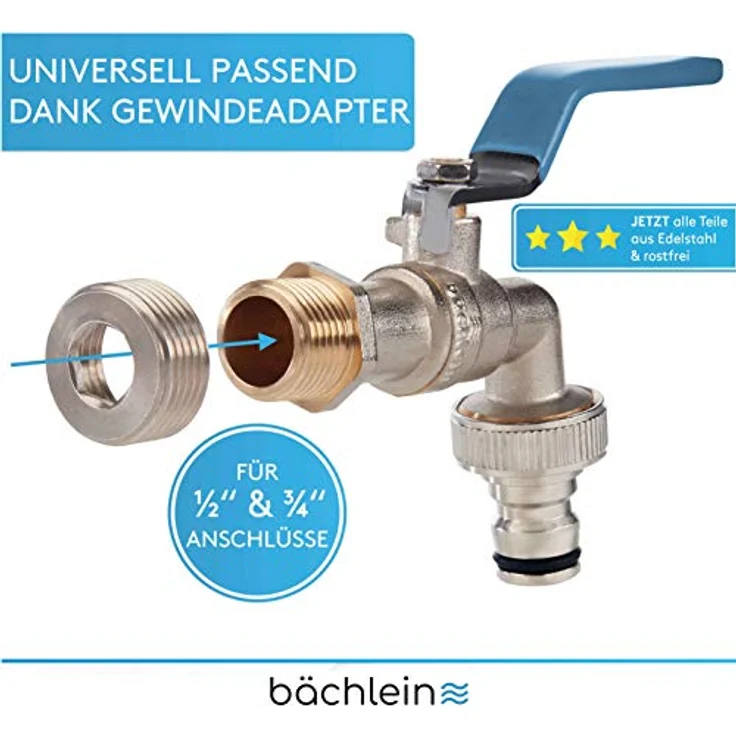 Bächlein Universal Wasserhahn für den Garten [blau] inkl. 2 Schlauchanschlüssen - edler Kugelhahn mit 1/2 und 3/4 Zoll Anschluss, Auslaufhahn aussen – Bild 2
