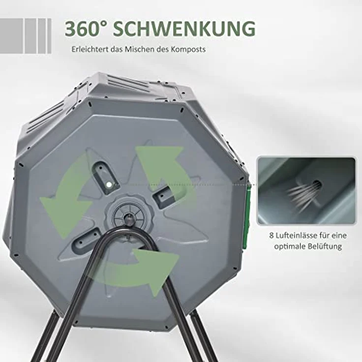 Outsunny Trommel-Komposter, 160L Gartenkomposter mit 2 Kammern, Drehbarer Schnellkomposter, für Bio- und Garten-Abfälle, Grau – Bild 3