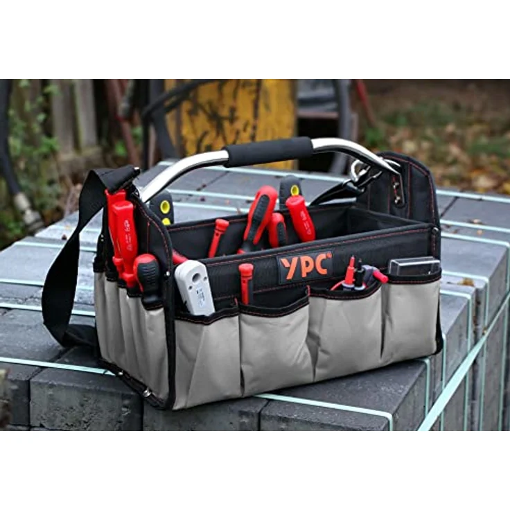 YPC Carrier Werkzeugkorb XL – Tragbare Werkzeugtasche, wasserfest & reißfest mit stabilem Boden, Schultergurt mit Polster & Metall-Handgriff, Grau-Schwarz, 40,5x30x19,5cm, 20 kg Tragkraft – Bild 2