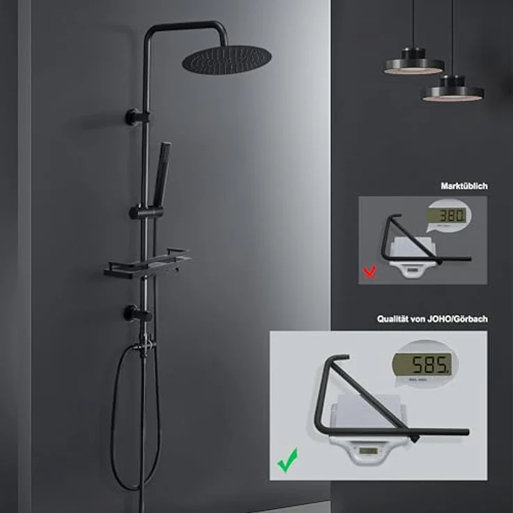 Görbach Edelstahl Duschset Regendusche Duschsystem, schwarze Kopfbrause 20 cm, verstellbare Duschstange, XXL Duschablage – Bild 2