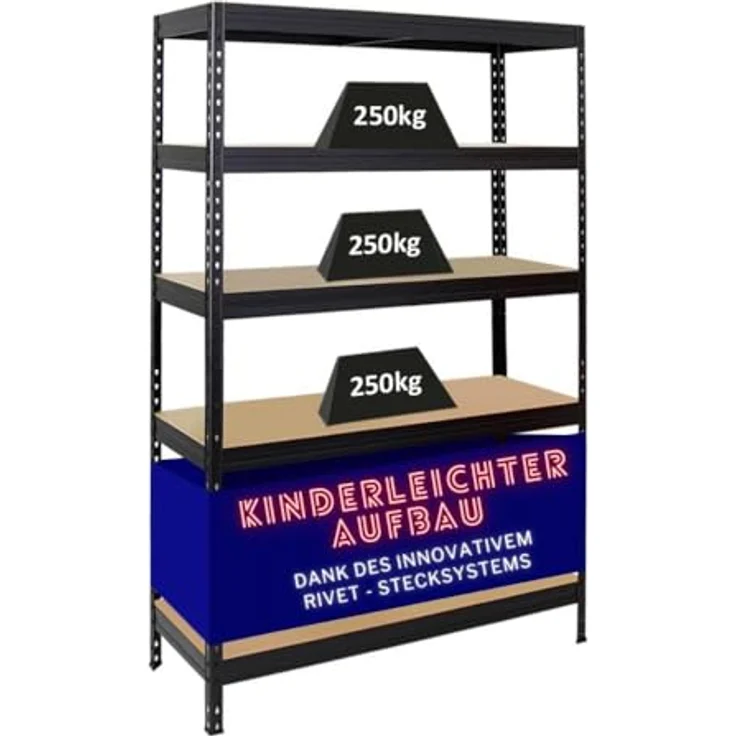 Proregal Schwerlastregal Rivet, 5 Böden, Traglast 250 kg pro Ebene, Schwarz, H 180 x B 120 x T 45 cm – Bild 1
