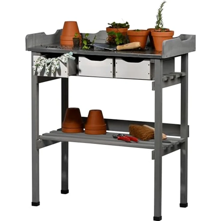 dobar® Pflanztisch, 3 Schubladen und Ablageboden, Massivholz mit verzinkter Arbeitsplatte, 78 x 38 x 88 cm, Grau-Weiß – Bild 1