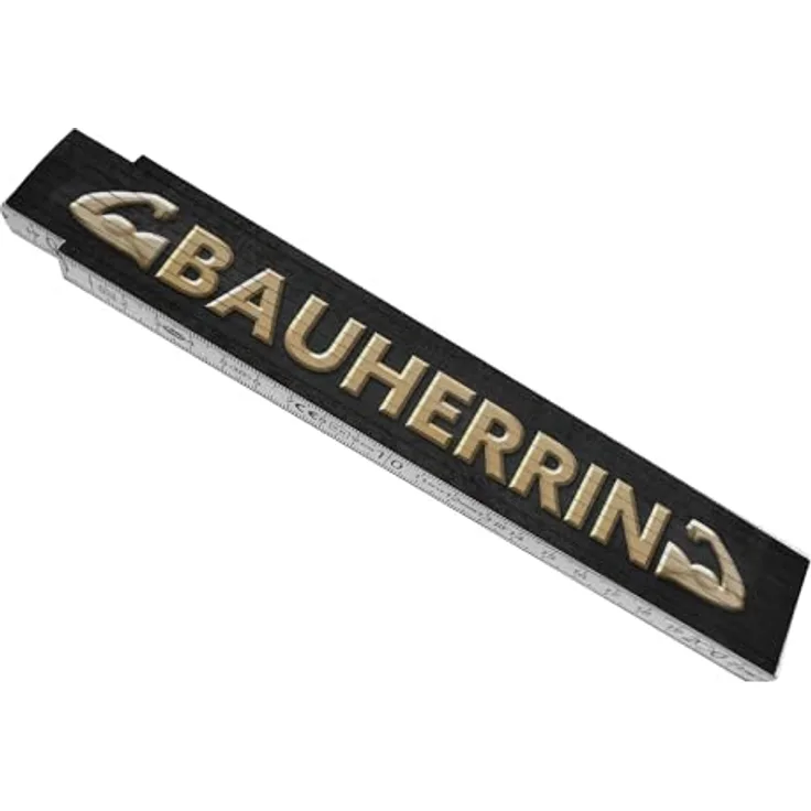 speecheese Bauherrin Meterstab aus Holz, Zollstock mit Bizeps Emoticon, 24x3,5 cm, dunkler Hintergrund, goldene Schrift
