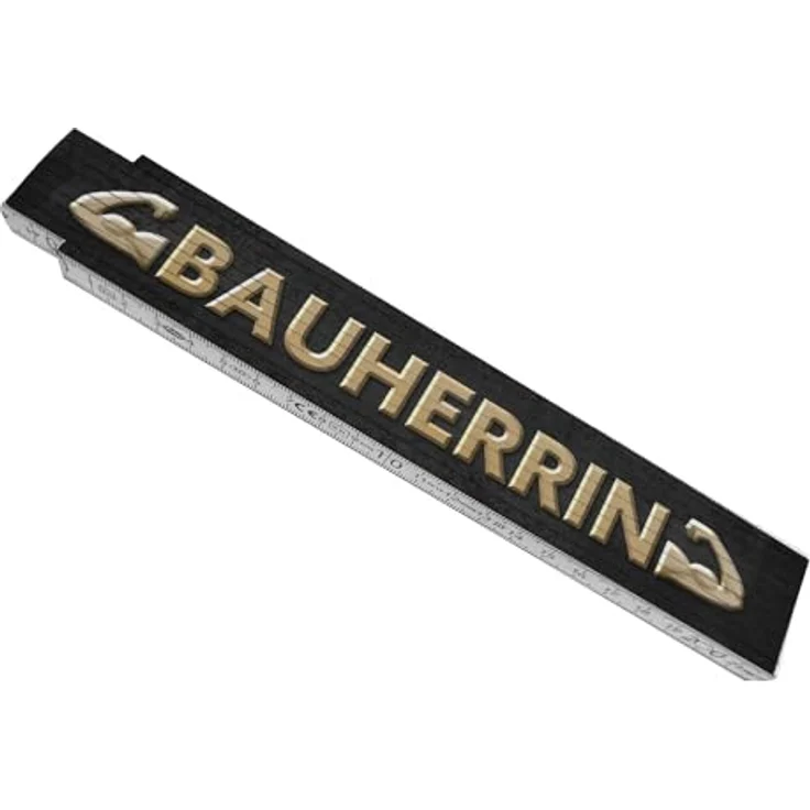 speecheese Bauherrin Meterstab aus Holz, Zollstock mit Bizeps Emoticon, 24x3,5 cm, dunkler Hintergrund, goldene Schrift – Bild 1