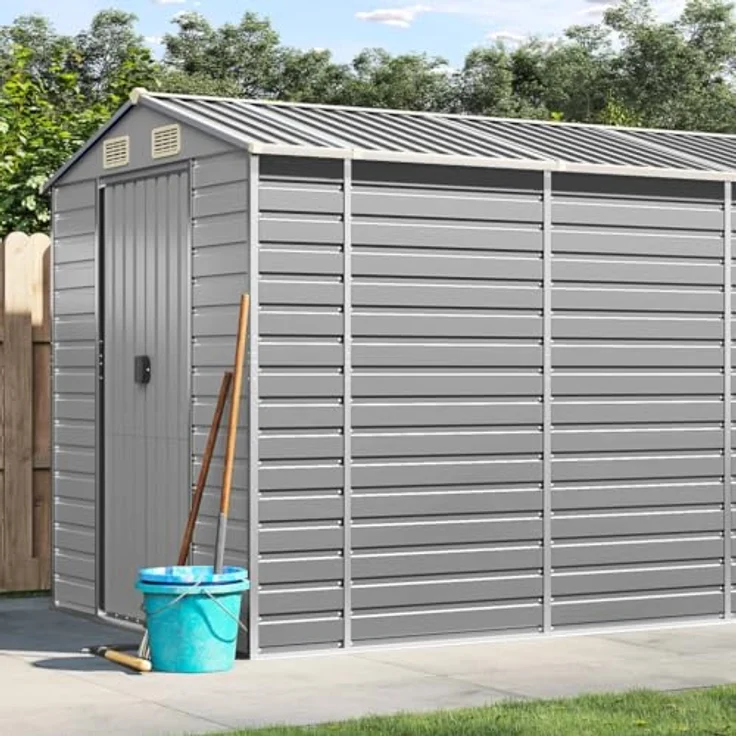 vidaXL Gerätehaus, Gartenhaus mit Schrägdach Griffe, Gartenschuppen Schuppen mit Stauraum, Geräteschuppen Metallschuppen, Hellgrau 191x555x198 cm Verzinkter Stahl – Bild 2