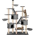 HAPPYPET Großer Kratzbaum deckenhoch XXL 240-260 cm höhenverstellbar - Großer katzenbaum, XXL Kletterbaum für mehrere Katzen, stabile Säulen, Liegemulden, Häuser, mit Zubehör, Grau